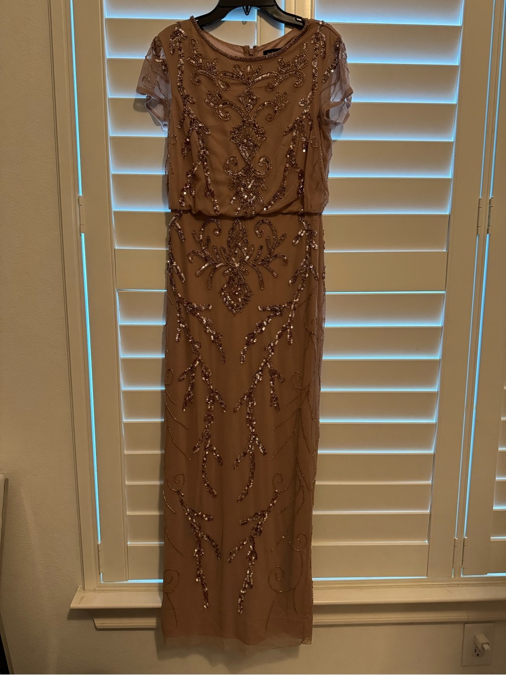 Adriana Papell Beaded Mesh Blouson Gown in Rose Gold Size Small